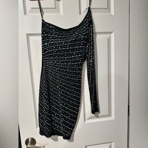 Windsor Black One Shoulder Dress with Silver Accents
